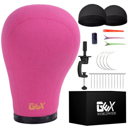 Picture of gexworldwide GEX 20"-24" Canvas Cork Wig Block Mannequin Head for Wig Making Drying Styling Display with Table C Clamp Stand Holder (Rosy 22")