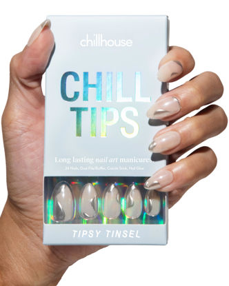 Picture of Chillhouse Chill Tips Signatures Press On Nails Kit, Tipsy Tinsel (Almond) - 24 Nail Shapes & Sizes, Dual-Sided Buffer & File, Cuticle Stick & Glue - Long-Lasting Nail Art Manicures