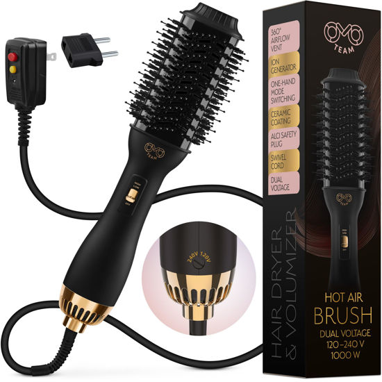 Picture of Professional Dual Voltage Blowout Hair Dryer Brush for European Travel 110V-120V/220V-240V, Black Gold Dryer and Volumizer, Hot Air Brush for Women, 2.4 INCHES Oval Shape