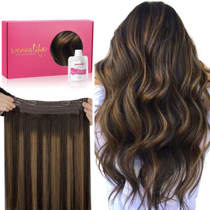 Picture of WENNALIFE Wire Hair Extensions (Increase 50% Lifespan) Real Human Hair 18 inch 95g Balayage Dark Brown to Chestnut Brown Remy Wire Hair Extensions Invisible Transparent Fish Line Real Hair Extensions