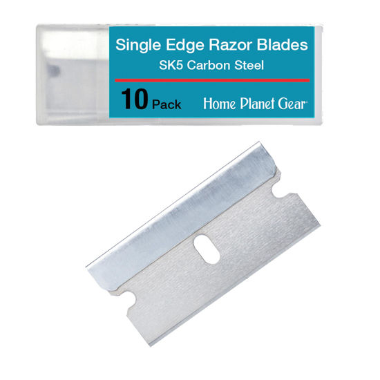 Picture of Single Edge Razor Blade 10 Pack - Straight Edge Razor - Ten Super Sharp Flat Blades in Convenient Storage Dispenser - Heavy Duty SK5 Oven Scraper Razor Tool Refills - Single Sided Blade - Easy Install