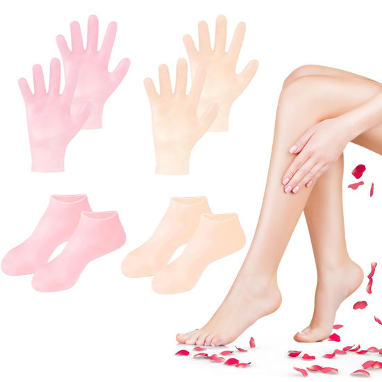 Picture of TEAWOO 4 Pairs Silicone Socks Gloves Set for Dry Cracked Feet and Hands, Silicone Foot Socks for Women, Moisturizing Feet