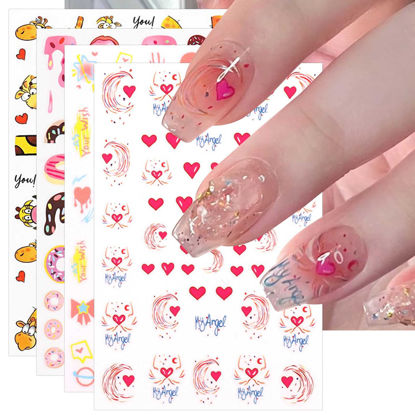Picture of JMEOWIO 10 Sheets Cute Nail Stickers For Kids Nail Art Stickers Decals Self-Adhesive Pegatinas Uñas Heart Nail Supplies Nail Art Design Decoration Accessories