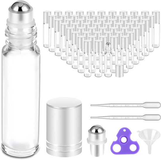 Picture of PrettyCare Roller Bottles For Oils 10 ml (White Glass, 60 Pack, 10 Extra Stainless Steel Balls, 72 Labels, 4 Opener, 5 Funnels Essential Oil Roller Bottles, Roller on Bottles