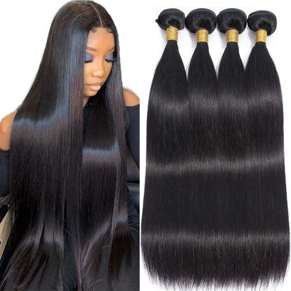 Picture of Human Hair Bundles Straight 14 16 18 20 Inch Brazilian Virgin Hair 4 Bundles Human Hair Straight 100% Unprocessed Straight Hair Bundles Weave Bundles Human Hair