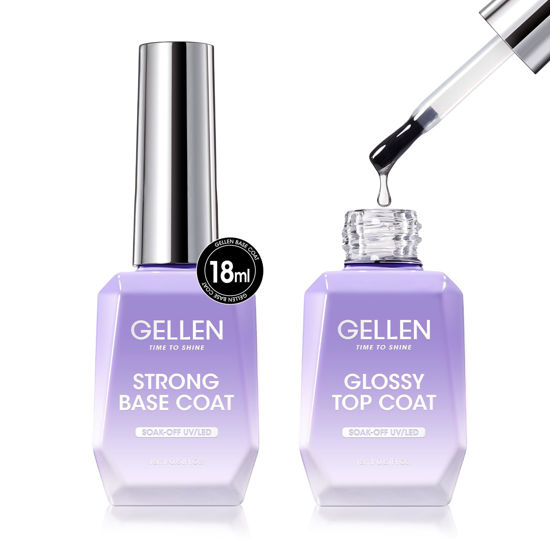 Picture of Gellen Gel Top Coat and Base Coat 2 Pcs 18ml Superior Base Coat Top Coat Set No Wipe Soak Off Ultra Glossy Top Coat Gel Nail Polish UV LED Clear Nail Polish Long Lasting for 28+ Days