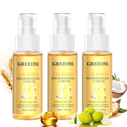 Picture of GREEONIL Olive Oil Serum for Frizz Control, Hair Repair Serum,24K Gold Argan Oil Coconut Oil Olive Oil and Vitamin E for Split Ends Hair Treatment, Add Shine, 3 Pack