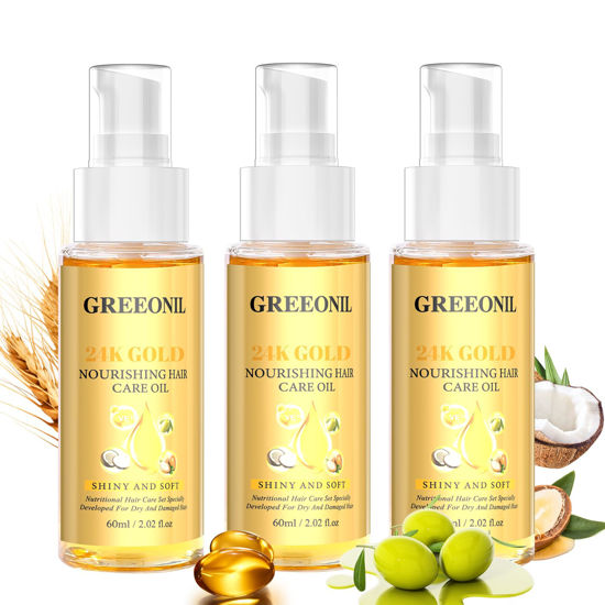 Picture of GREEONIL Olive Oil Serum for Frizz Control, Hair Repair Serum,24K Gold Argan Oil Coconut Oil Olive Oil and Vitamin E for Split Ends Hair Treatment, Add Shine, 3 Pack