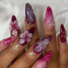 Picture of Flower Press on Nails Short Almond Fake Nails Purple Pink Ombre False Nails with Embossment Design Pearl Glue on Nails Artificial Acrylic Nail Full Cover Stick on Nails for Women Manicure 24Pcs