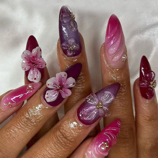 Picture of Flower Press on Nails Short Almond Fake Nails Purple Pink Ombre False Nails with Embossment Design Pearl Glue on Nails Artificial Acrylic Nail Full Cover Stick on Nails for Women Manicure 24Pcs