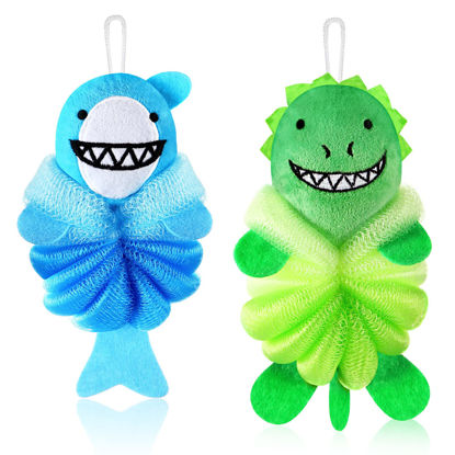 Picture of Nuenen 2 Pcs Bath Loofahs Kids Toddler Cute Cartoon Bath Sponges Loofah Pouf Body Scrubber Mesh Sponges for Children Shower Washing Exfoliating
