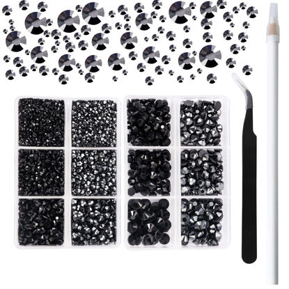 Picture of AARDWO 6616pcs Hotfix Rhinestones 5 Sizes Flat Back Nail Gems Nail Diamonds with Tweezers and Picking Rhinestones Pen for Crafts Nails Clothes Decoration(Black & Hematite Black)