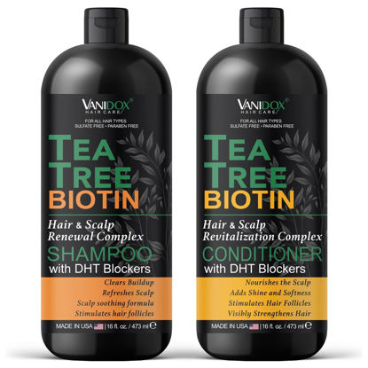 Picture of VANIDOX Tea Tree Shampoo and Conditioner Set with Biotin and 100% Pure Tea Tree Oil for Itchy and Dry Scalp - Sulfate and Paraben Free - Tea Tree Oil Shampoo and Conditioner - 16 fl. oz. Each