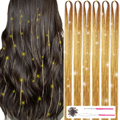 Picture of MISSUHUI Hair Tinsel with Tools 47Inch 1200 Strands Hair Tinsel Kit Glitter Hair Extensions Sparkling Shiny Hair Extensions Fairy Hair Tinsel Strands Kit Heat Resistant for Women Girls 6Pcs (Gold)