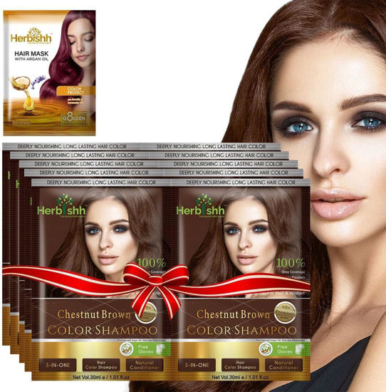 Picture of Herbishh Gray Hair Color Shampoo - Natural Argan Mask for Long-Lasting Color in Minutes - Travel Size, 10 Pack + 1 Pack, Ammonia-Free (Chestnut Brown)