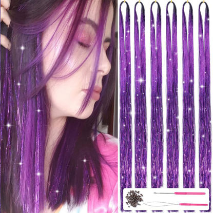 Picture of MISSUHUI 6 Pieces Fairy Hair Tinsel Kit with Tools 48 Inch 1200 Strands Glitter Tinsel Hair Extensions Sparkling Shiny Hair Tinsel Strands Kit Heat Resistant for Women Girls Children (Purple Set)