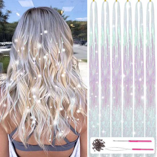 Picture of MISSUHUI Hair Tinsel Kit With Tools 47Inch Fairy Hair Tinsel Heat Resistant 6Pcs 1200Strands Highlights Glitter Hair Extensions Sparkling Shiny Tinsel Hair Extensions for Women Girls Kids (White-Pink)