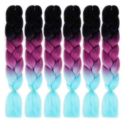 Picture of Xiaofeng Braiding Hair Extensions for Women 6 Packs 100g/Pack 24Inch High Temperature Ombre Jumbo Synthetic Braiding Hair for Twist Crochet Braids (24 Inch, black to light purple to sky blue)