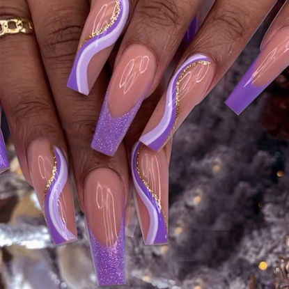 Picture of Purple French Press on Nails Extra Long Coffin,Xcreando Nude Fake Nails Embellished Swirls Sequins Natural Glue on Nails Reusable Acrylic Nails Press on for Women Girls Daily Wear in 24PCS