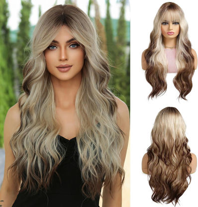 Picture of Esmee Long Wavy Blonde Highlight Brown Wig for Women Synthetic Hair with Bangs Wigs with Dark Roots Daily Cosplay High Density Heat Resistant Use-26Inches