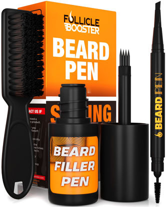Picture of FOLLICLE BOOSTER Beard Pen Filler Styling Kit for Men - Jet Black - Complete Beard and Scalp Set with Patented 4-Tip Fork and Normal Pen - Waterproof, Sweatproof & All Day Hold