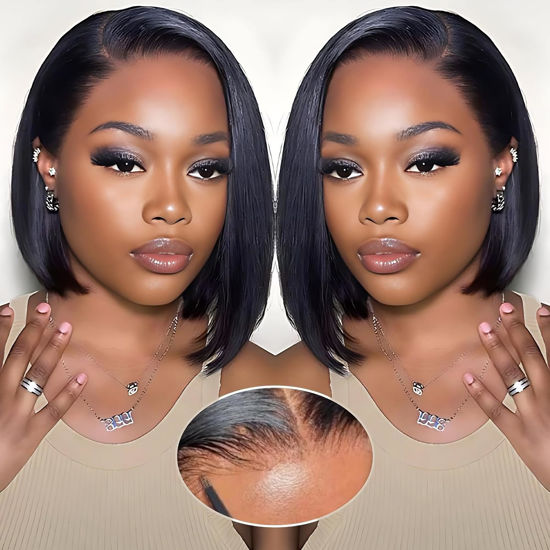 Picture of Wear and Go Glueless Bob Wig Human Hair Pre Plucked Pre Cut 180% Density 5x5 HD Transparent Lace Front Wigs Human Hair for Black Women Short Straight Bob Wigs No Glue Lace Closure Wigs 10 Inch