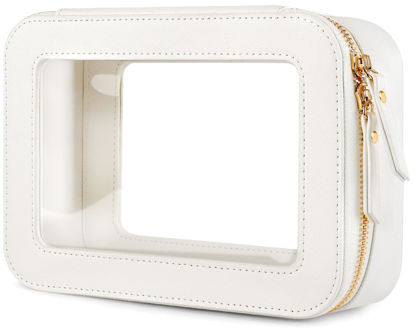 Picture of XUGUXA Clear Makeup Bag, Travel Toiletry Organizer with Zipper, Portable Leather Cosmetic Case with Handle, TSA Approved Transparent Make Up Storage Bags, Car Essentials for Women Gift (Medium White)