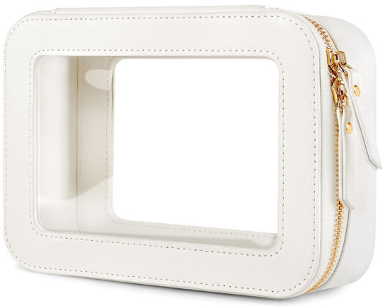 Picture of XUGUXA Clear Makeup Bag, Travel Toiletry Organizer with Zipper, Portable Leather Cosmetic Case with Handle, TSA Approved Transparent Make Up Storage Bags, Car Essentials for Women Gift (Medium White)