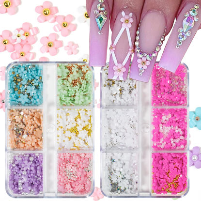 Picture of 3D Flower Nail Charms for Nails Colorful Flowers Flatback Nail Rhinestones White Pink Green Blue Acrylic Flower with Metal Golden Beads Round Pearls Nail Art Supplies Manicure DIY Nail Decorations