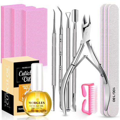 Picture of MORGLES Nail File and Buffer Blocks with Nail Care Kit, 13 Pcs Manicure Kit for Women with Milk and Honey Cuticle Oil and Cuticle Trimmer Set