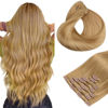 Picture of HOTBANANA Human Hair Clip in Hair Extensions, Honey Blonde Hair Extensions 120g Clip in Hair Extensions Real Human Hair Straight Remy Hair Clip Ins 18 Inch 7pcs