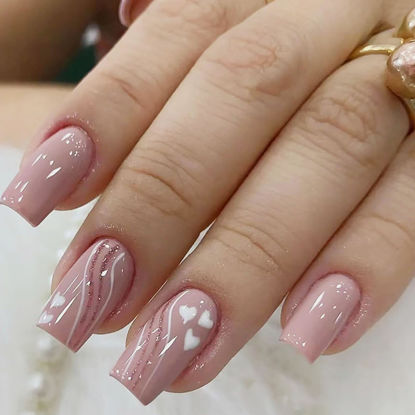 Picture of 24 Pcs Acrylic Press on Nails Medium, Glue on Nails for Women, Fake Nails with Glue (Medium-Nude with Hearts)