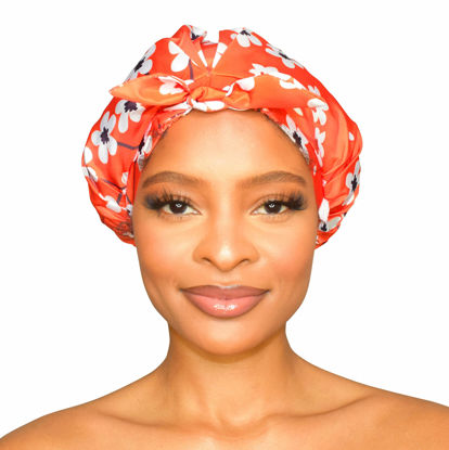 Picture of GRACE & COMPANY Luxury Shower Cap For Women - 100% Waterproof, Reusable, Washable & Breathable Shower Caps - Clementine