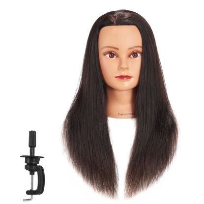 Picture of Traininghead 20-22'' Female Mannequin Head 100% Human Hair Hairdresser Training Practice Head Cosmetology Manikin Head Doll Head with Clamp Stand (1711-16'')