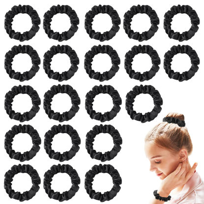 Picture of Satin Silk Scrunchies Hiar Ties for Women Girls Ponytail Holders 20 Pcs Mini Black Bulk Scrunchies Elastic Hair Bands for Thick Curly Hair Pony Tails Hair Ties
