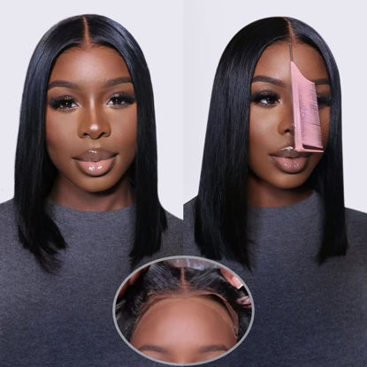 Picture of Flady Put on and Go Glueless Wigs Human Hair Pre Plucked Pre Cut Lace 12 inch Bob Wig Human Hair 13X4 HD Straight Lace Front Wigs Human Hair 150% Density Glueless Frontal Bob Wigs For Black Women