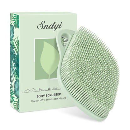 Picture of Sndyi Silicone Body Scrubber, Gentle Exfoliating Body Scrubber for Sensitive Skin, Leaf Shaped Shower Scrubber for Body with Lathering Bristles, Silicone Loofah Body Brush for Showering, Green