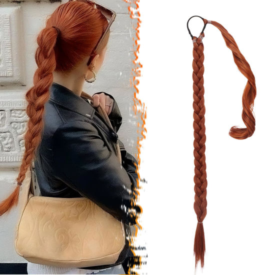 Picture of BARSDAR 26 Inch Long Braided Ponytail Extension with Hair Tie - Straight Sleek Wrap Around Copper Red Braided Ponytail Hair Extensions - Synthetic Pony Tails Hairpieces for Women - Copper Red