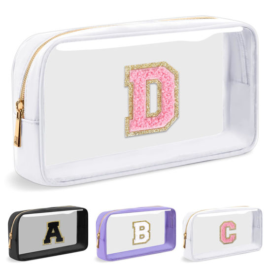 Picture of UIXIZQ Personalized Initial Letter Clear Makeup Bag,Preppy Small Nylon&PVC Cosmetic Zipper Bag with Chenille Letter,Travel Skincare Toiletry Bag,Monogram Pencil Case Pouch Gift for Teen Girls Women,D