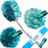 Picture of SHOWER BOUQUET 2-Sided-Loofah-Back-Scrubber & Bath-Sponge Set // 1-Long-Handle-Back-Brush Plus 2-Extra-Large 75g Soft Mesh Poufs, Men & Women - Exfoliate with Full Pure Cleanse in Bathing Accessories