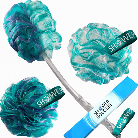 Picture of SHOWER BOUQUET 2-Sided-Loofah-Back-Scrubber & Bath-Sponge Set // 1-Long-Handle-Back-Brush Plus 2-Extra-Large 75g Soft Mesh Poufs, Men & Women - Exfoliate with Full Pure Cleanse in Bathing Accessories