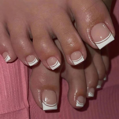 Picture of French Tips Press on Toenails Pink Fake Toe Nails Square False Toenails Glossy Full Cover Acrylic Toenails with Design Toe Press on Nails Toe Nail Press ons for Women Manicure 24Pcs