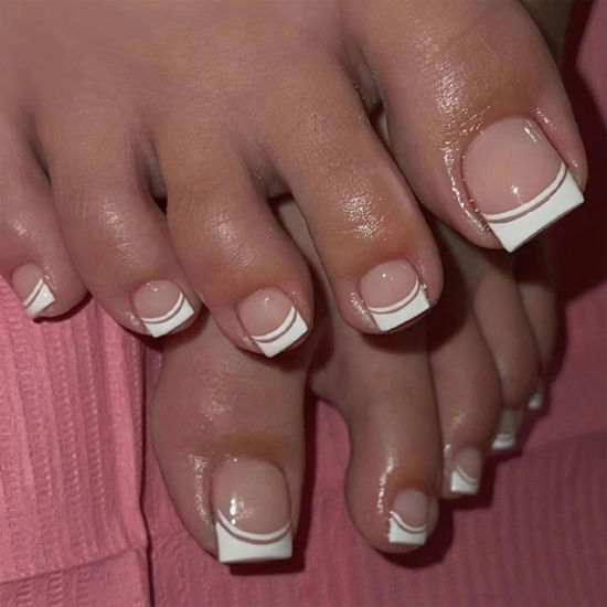 Picture of French Tips Press on Toenails Pink Fake Toe Nails Square False Toenails Glossy Full Cover Acrylic Toenails with Design Toe Press on Nails Toe Nail Press ons for Women Manicure 24Pcs