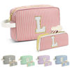 Picture of Travel Makeup Bag Gift for Women Girl Teens Preppy Stuff Cosmetic Bag Set, Cute Make Up Bag With Handle Personalized Initial Makeup Pouch Skin Care with Makeup Brush Bag Letter L (Red&White Stripes)