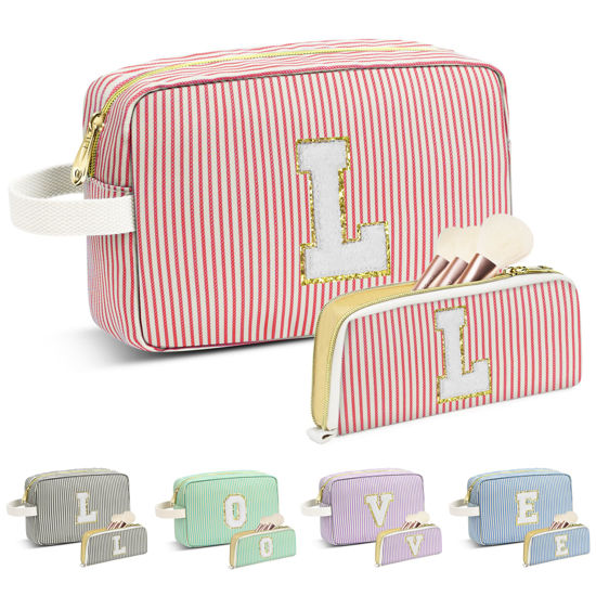 Picture of Travel Makeup Bag Gift for Women Girl Teens Preppy Stuff Cosmetic Bag Set, Cute Make Up Bag With Handle Personalized Initial Makeup Pouch Skin Care with Makeup Brush Bag Letter L (Red&White Stripes)
