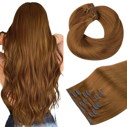 Picture of HOTBANANA Human Hair Clip in Hair Extensions, Copper 120g Clip in Hair Extensions Real Human Hair Straight Remy Hair Clip in Hair Extensions 14 Inch 7pcs