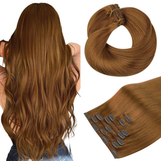 Picture of HOTBANANA Human Hair Clip in Hair Extensions, Copper 120g Clip in Hair Extensions Real Human Hair Straight Remy Hair Clip in Hair Extensions 14 Inch 7pcs
