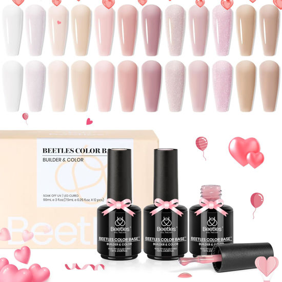 Picture of Beetles Builder Gel Nail Polish 12 Color Rubber Base Gel Polish 3 in 1 Nude Porcelain Doll Pink Base Nail Polish Strengthener Soak Off U V Nail Art DIY Valentine's Day Gift for Women