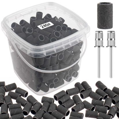 Picture of Rolybag Sanding Bands for Nail Drill 240 Grit Extreme Fine Nail Sanding Bands 200Pcs Black Professional Sanding Bands and 2Pcs Nail Drill Bits for Manicures and Pedicure