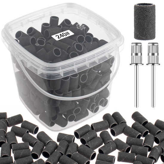 Picture of Rolybag Sanding Bands for Nail Drill 240 Grit Extreme Fine Nail Sanding Bands 200Pcs Black Professional Sanding Bands and 2Pcs Nail Drill Bits for Manicures and Pedicure